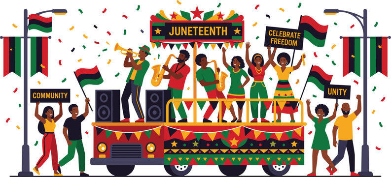 "Colorful vector illustration of Juneteenth parade with music, dancing, and unity banners"