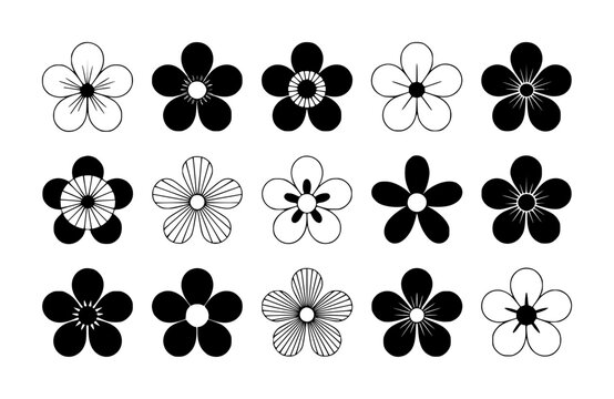 プロジェクト用の15個のユニークな白黒の花と植物のシンボルのコレクション