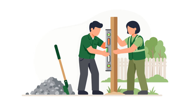 Landscaping Workers Installing a Wooden Fence Post in a Garden