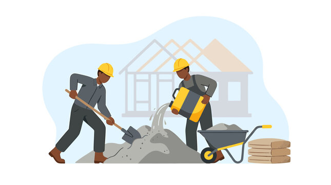 Construction Workers Mixing Cement for New Residential Home Building