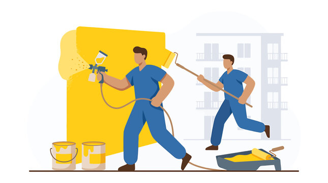 Painters Renovating Building Wall with Spray Gun and Paint Roller