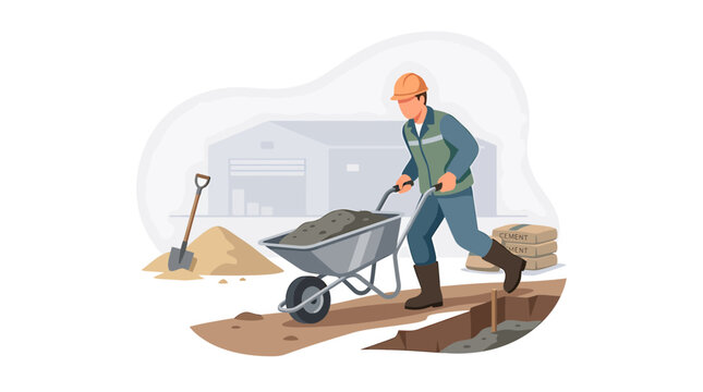 Construction Worker Pushing a Wheelbarrow on a Building Site