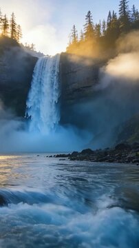 Vertical video: Flowing waterfall pouring from cliff into pool at forest gorge, mist catching sun