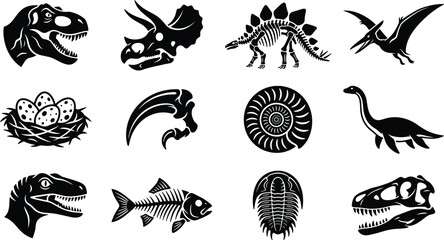 "Black silhouette vector illustration of prehistoric dinosaurs and fossils including T rex, Triceratops, Pteranodon, and ammonite" © MDSOJIB