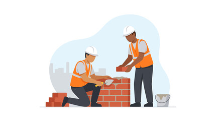 Fototapeta premium Bricklayers Working on a Construction Site Flat Vector Illustration