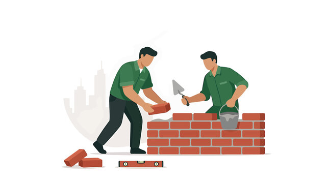 Bricklayers Working on Construction Site Vector Flat Illustration