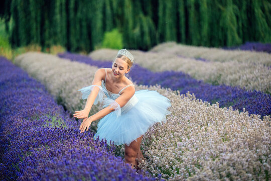 A ballet white dancer gracefully poses in a colorful flower field