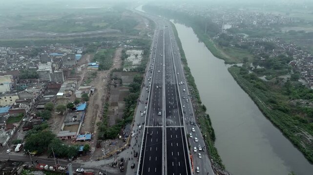 Aerial shot of Faridabad to Delhi highway, Newly Constructed highway road to Connect Sarai Kale Khan, Delhi to Faridabad, Haryana