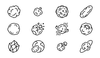 Asteroid and Meteorite Line Icon Set with Space Rocks, Comets, and Planets for Science Education, Astronomy Designs, and Sci-Fi Graphic Elements © Abdul