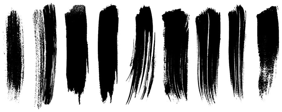 Grunge brushes. Paintbrush sketch strokes, black splash distress texture and paint daub. Rough ink stain and calligraphy element  set. 