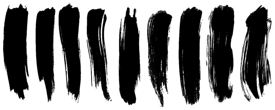 Black grunge brush stroke set. Hand drawn ink paint lines and distressed censorship bars. Professional vector asset pack for urban street art design.