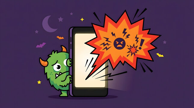 Green monster hiding from cyberbullying and toxic messages on a smartphone screen at night.