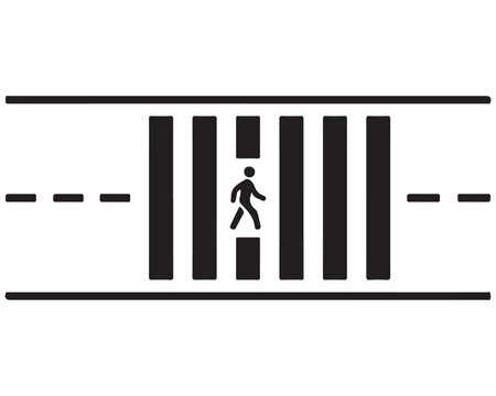 Road crossing diagram with pedestrian pictogram on zebra stripes.