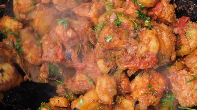 Close-up of roasted pork and golden potatoes with tomatoes, onions, and fresh herbs being stirred in a hot pan with rising steam