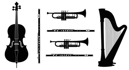 Musical instruments silhouettes with instruments white background black silhouettes various classical orchestra with including, clarinets, trumpets © Lipika