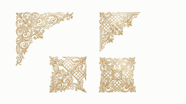 Set of elegant golden vintage decorative corner ornaments and square frames on white background.