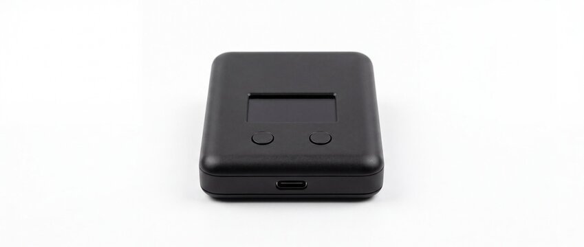 Compact black electronic device featuring a small screen, two buttons, and a USB port, designed for portable digital applications and connectivity.