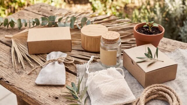Gifts are placed on a wooden table surrounded by dried leaves and green plants. Small jars, boxes, and bags are organized in a simple layout