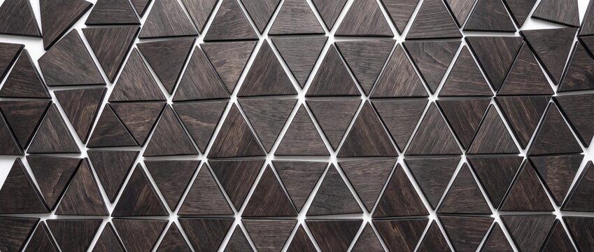 Dark brown wooden triangular geometric tiles arranged in repeating pattern for modern interior wall paneling decorative surface texture background design projects.