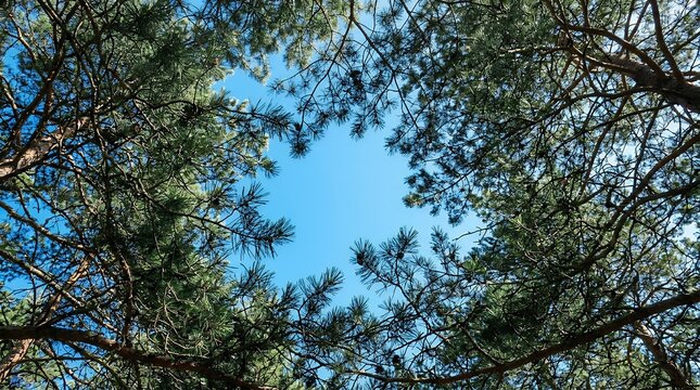 Upward Angle Perspective of Evergreen Pine Needle Canopy Framing Bright Blue Clear Sky trees green forest pine needles canopy sky blue sky natural border frame nature outdoor pine needles evergreen