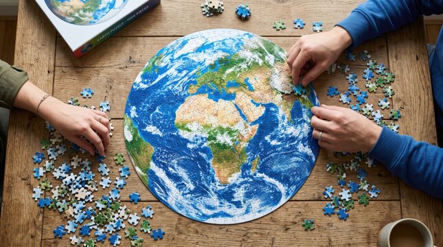Top view of couple hands assembling a large earth globe jigsaw puzzle on a wooden table, teamwork, global connection, geography education, problem solving, collaboration, unity