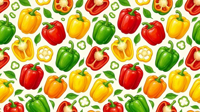 Fresh Colorful Bell Peppers Seamless Pattern Bright Red Yellow and Green Sweet Peppers Produce Design bell pepper pepper seamless pattern yellow red green vegetable fresh background backdrop sweet