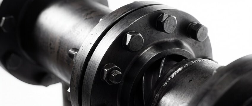 Industrial steel pipe flange connection with bolts and nuts, heavy-duty plumbing and mechanical engineering for fluid systems.