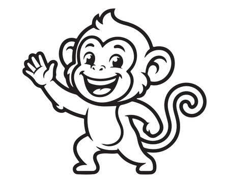 Monkey cartoon character waves happily on a solid white background.