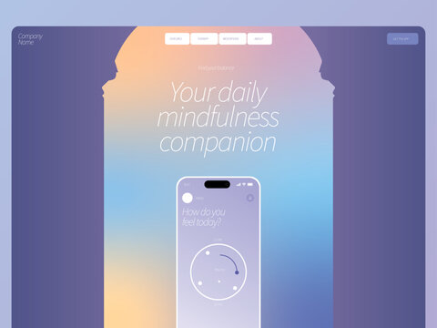 Modern wellness website hero section featuring a mindfulness mobile app interface, calming pastel gradients, mirrored human silhouettes, and clean typography promoting meditation, emotional balance, a