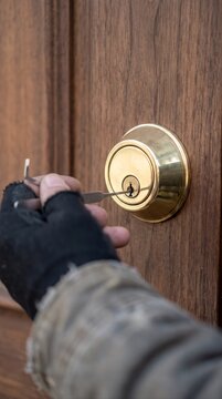 Vertical shot of a locksmith repairing a brass deadbolt on a wooden door