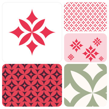 A modern collection of geometric floral motifs and seamless patterns in pink, coral, burgundy, sage green, and cream, featuring symmetrical flower shapes, decorative repeats, and bold contemporary sur