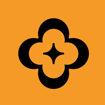 Bold geometric floral symbol featuring rounded black petals and a central star-like shape on a warm orange background, creating a modern abstract motif for decorative, branding, and pattern design app
