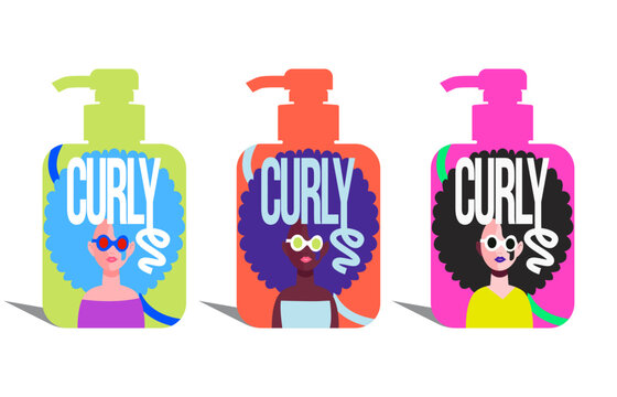 Colorful packaging concept featuring three pump bottles with diverse illustrated women, bold curly hairstyles, oversized typography, and vibrant modern colors for curly hair care, beauty, and personal