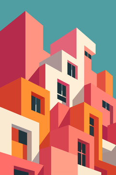 Bold geometric illustration of a stylized cityscape with stacked architectural forms, windows, rooftops, and vibrant coral, orange, cream, red, and teal colors, creating a modern urban design with an 