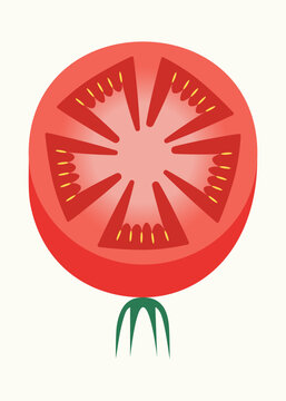 Bold geometric illustration of a stylized tomato-inspired flower with radial red segments, yellow seed details, and a green stem on a warm cream background, combining botanical form, food imagery, and