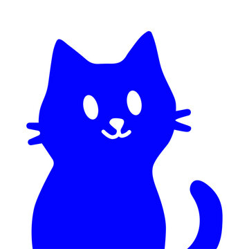 Minimalist flat illustration of a cute blue cat with simple facial features, whiskers, and tail on a light background, ideal for modern branding, posters, kids design, editorial use, and playful visua
