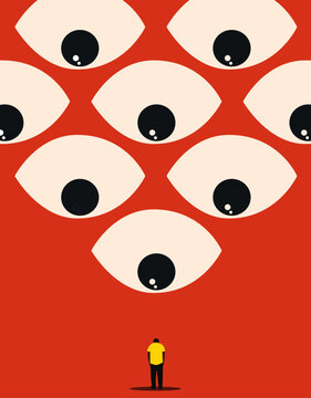 Minimal abstract illustration of a small solitary person standing beneath multiple oversized eyes on a bold orange background, symbolizing surveillance, scrutiny, social pressure, observation, anxiety