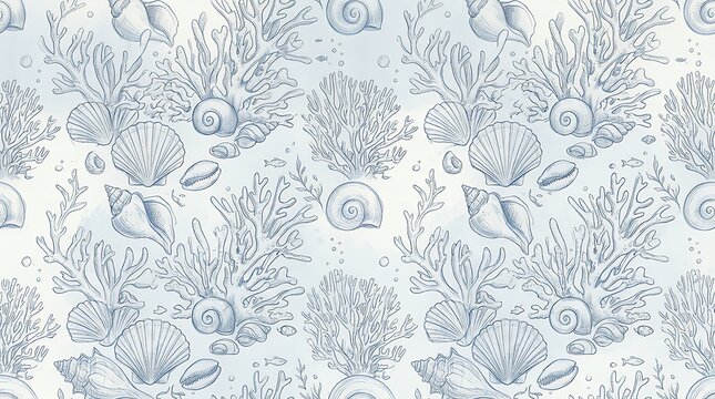 Seamless hand drawn pencil sketch pattern with underwater sea shells and coral reef elements in soft blue shades background s77681 seamless pattern hand drawn pencil sketch sea shells coral ocean