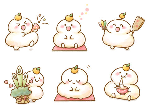 Cute watercolor kagami mochi rice cake character set for Japanese New Year holiday elements
