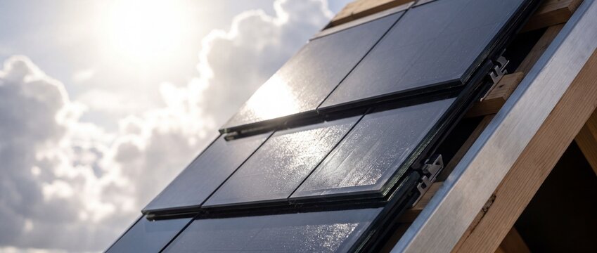 Modern solar roof tiles on wooden frame beneath cloudy sky with bright sun, renewable energy technology for sustainable building construction.