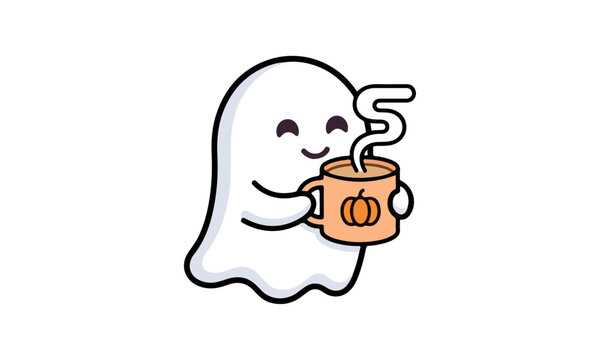Ghost cartoon holding steaming mug with pumpkin icon