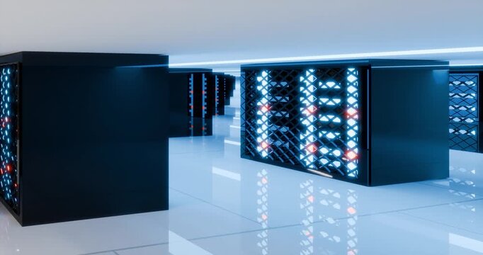Cloud computing infrastructure in a secure server room focused on artificial intelligence comcept render 3d animation pan pan to the right