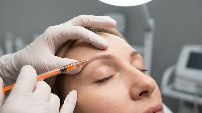 Cosmetic doctor performing facial filler injection on patient forehead in medical clinic