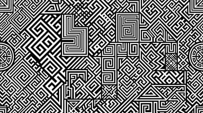 Intricate black and white geometric maze pattern featuring repeating angular shapes, interconnected lines, and complex ornamental details.