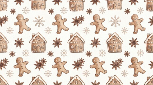 Watercolor gingerbread cookies and Christmas houses seamless holiday pattern on white background