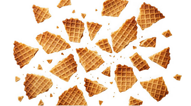 Crispy waffle pieces falling isolated on transparent background