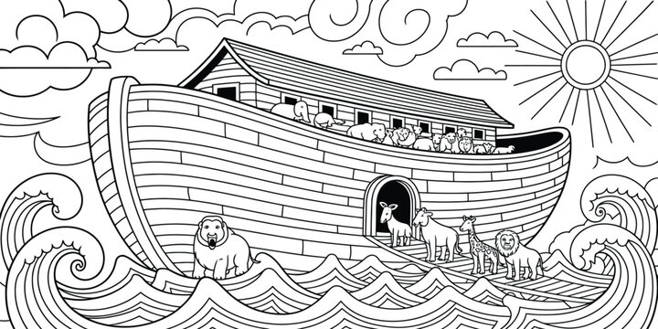 Noah's Ark coloring page outline. Bible story illustration. Cartoon animal ship on sea. Christian religious vector for kids book.