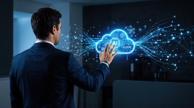 Businessman interacting with futuristic artificial intelligence cloud computing hologram interface, digital transformation for modern enterprise technology solutions and data