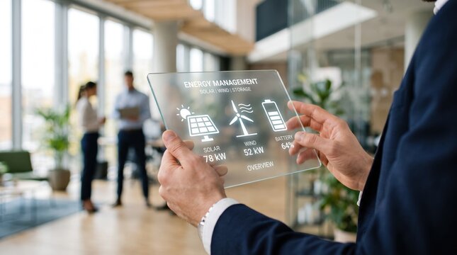 Futuristic energy management system interface on transparent tablet, displaying solar wind and battery storage data, smart grid technology, renewable energy monitoring dashboard