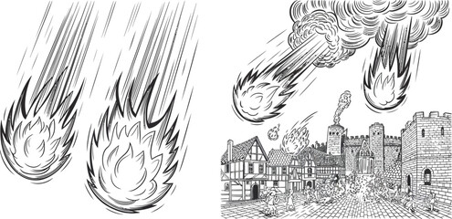 Fototapeta premium Hand drawn medieval castle under siege illustration vector. Meteors falling from sky. Fire and destruction. Old town buildings with smoke. Comic book art style sketch with ruins.